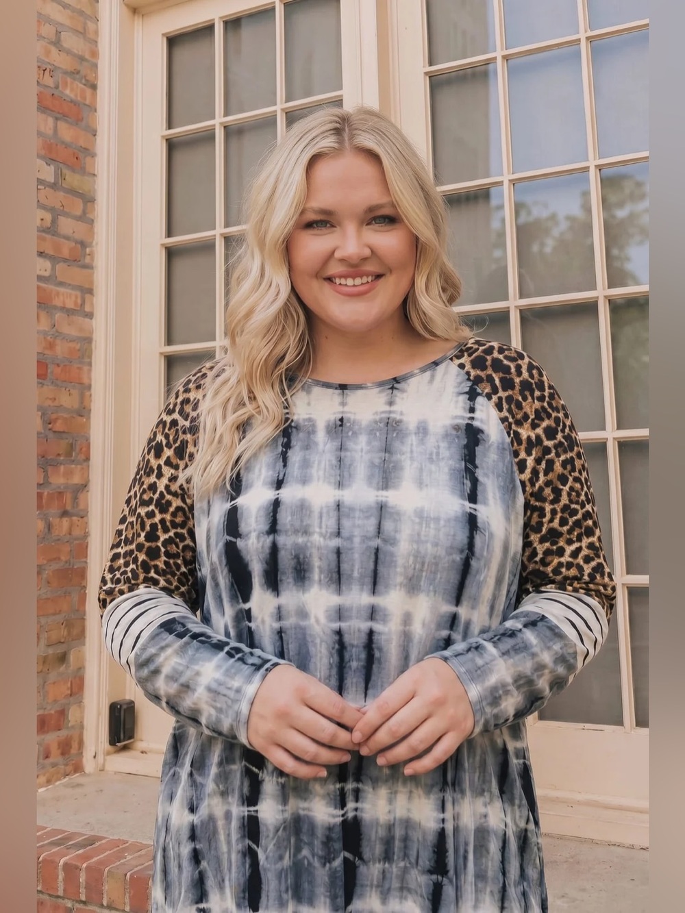 Reborn J Plus-Size Leopard Raglan Tie-Dye Long Sleeve Top - Black/Cream